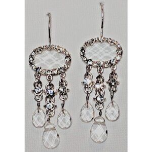 M0NET Signed Vintage Dangle Earrings Silver-Tone Clear Facet Crystal Rhinestones